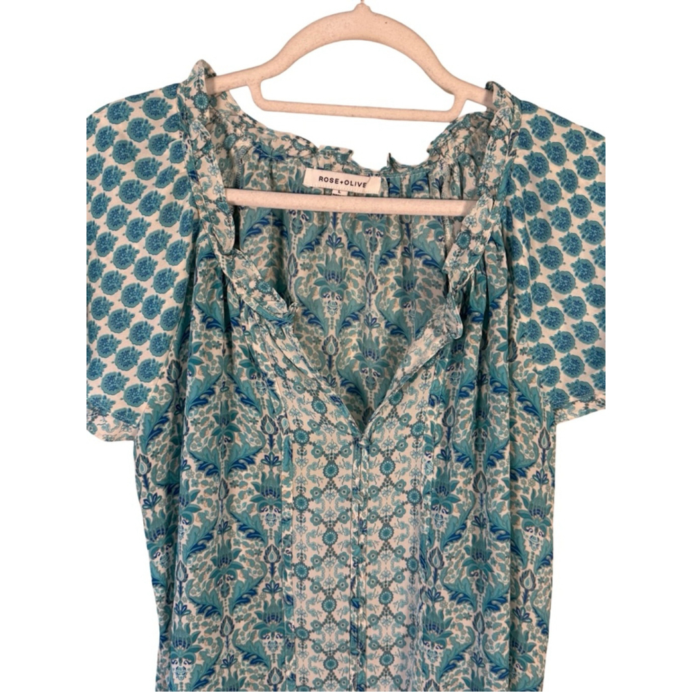 Rose & Olive Blue Floral Blouse Size L Boho Cottagecore Flowy Summer Spring - Picture 9 of 12